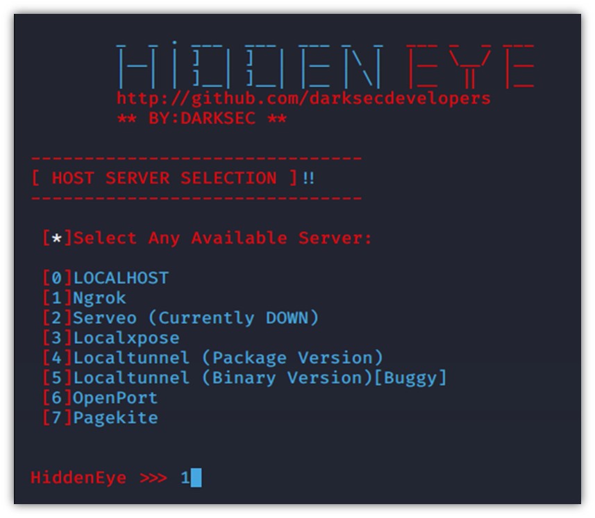 HiddenEye sunucu seçme özelliği