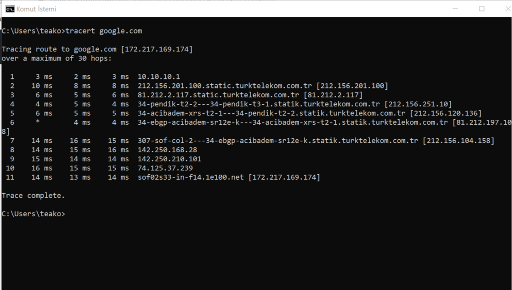tracert komutu